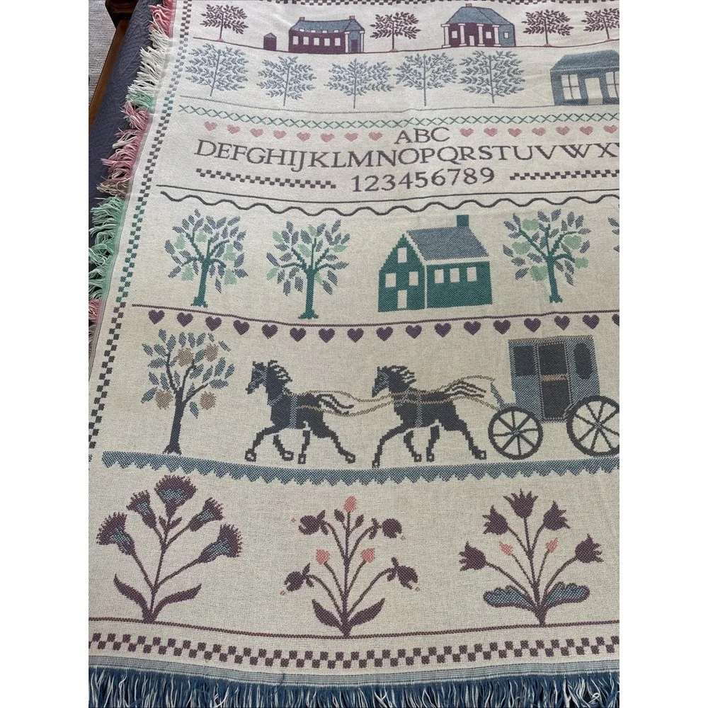 Crown Crafts Throw Blanket Amish Buggy Alphabet Sampler Cottage Core 64x54